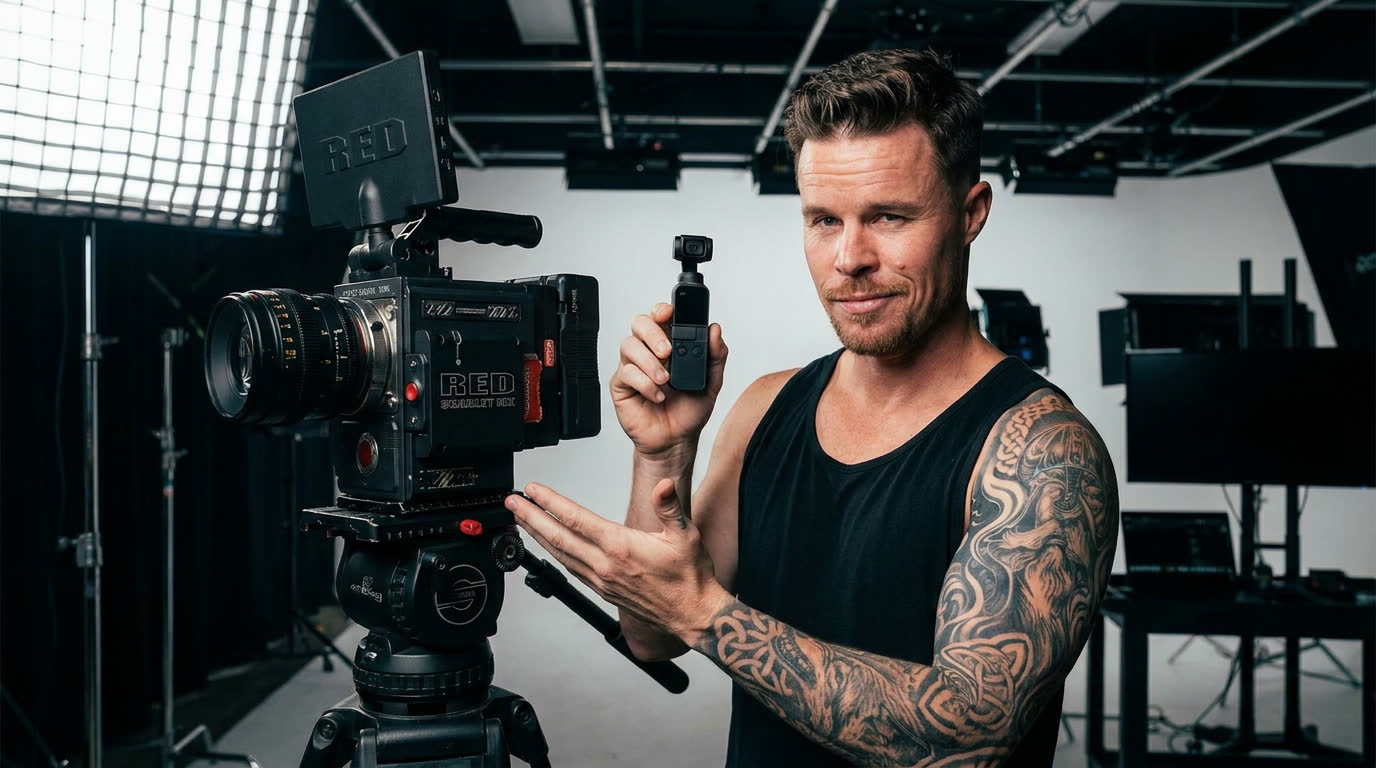 High-end RED cinema camera body on production stand
