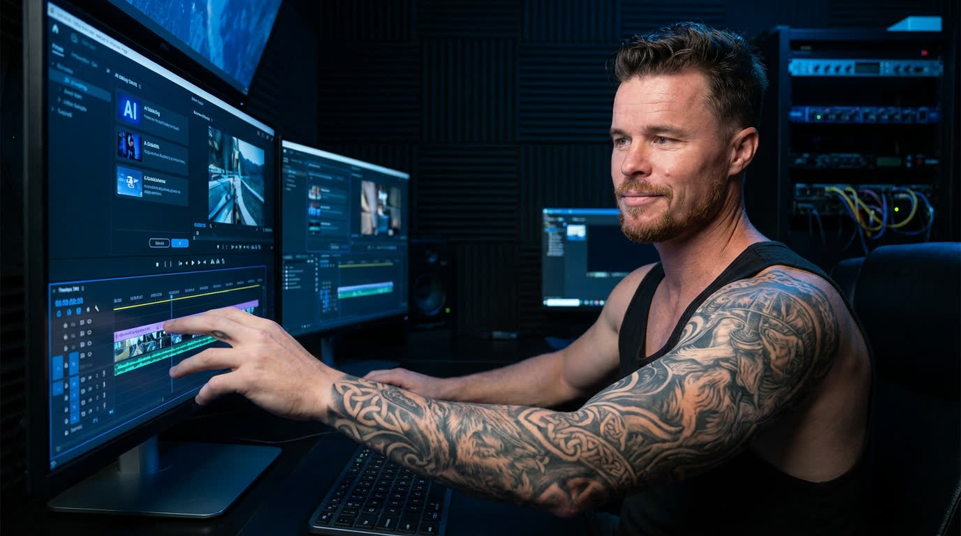 AI editing suite with audio waveforms and timeline