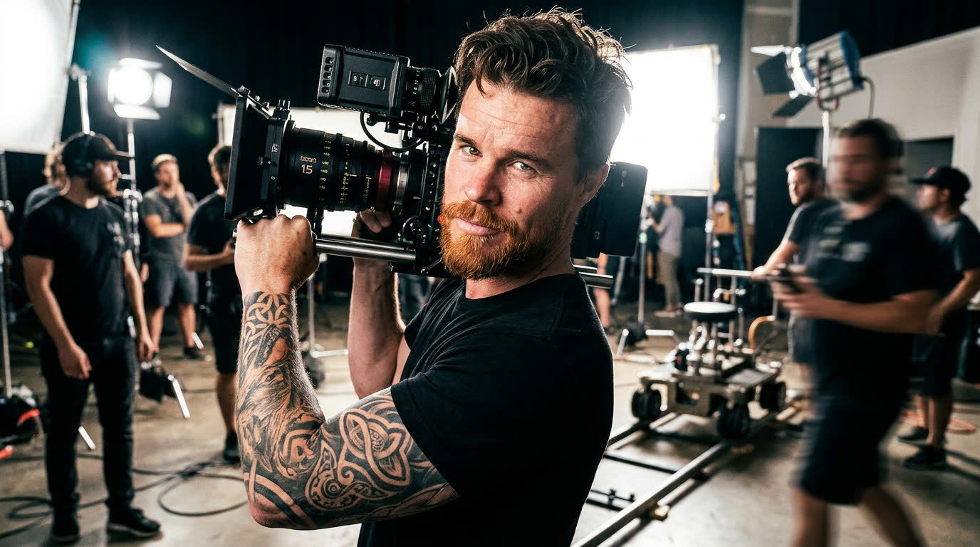 Filmmaker on set with cinema camera